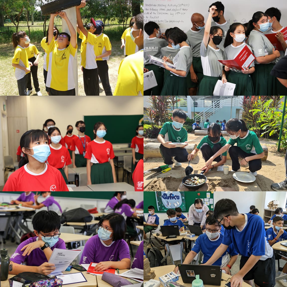 Six photos of masked school students in various activities including outdoor tasks, classroom learning, and group work.